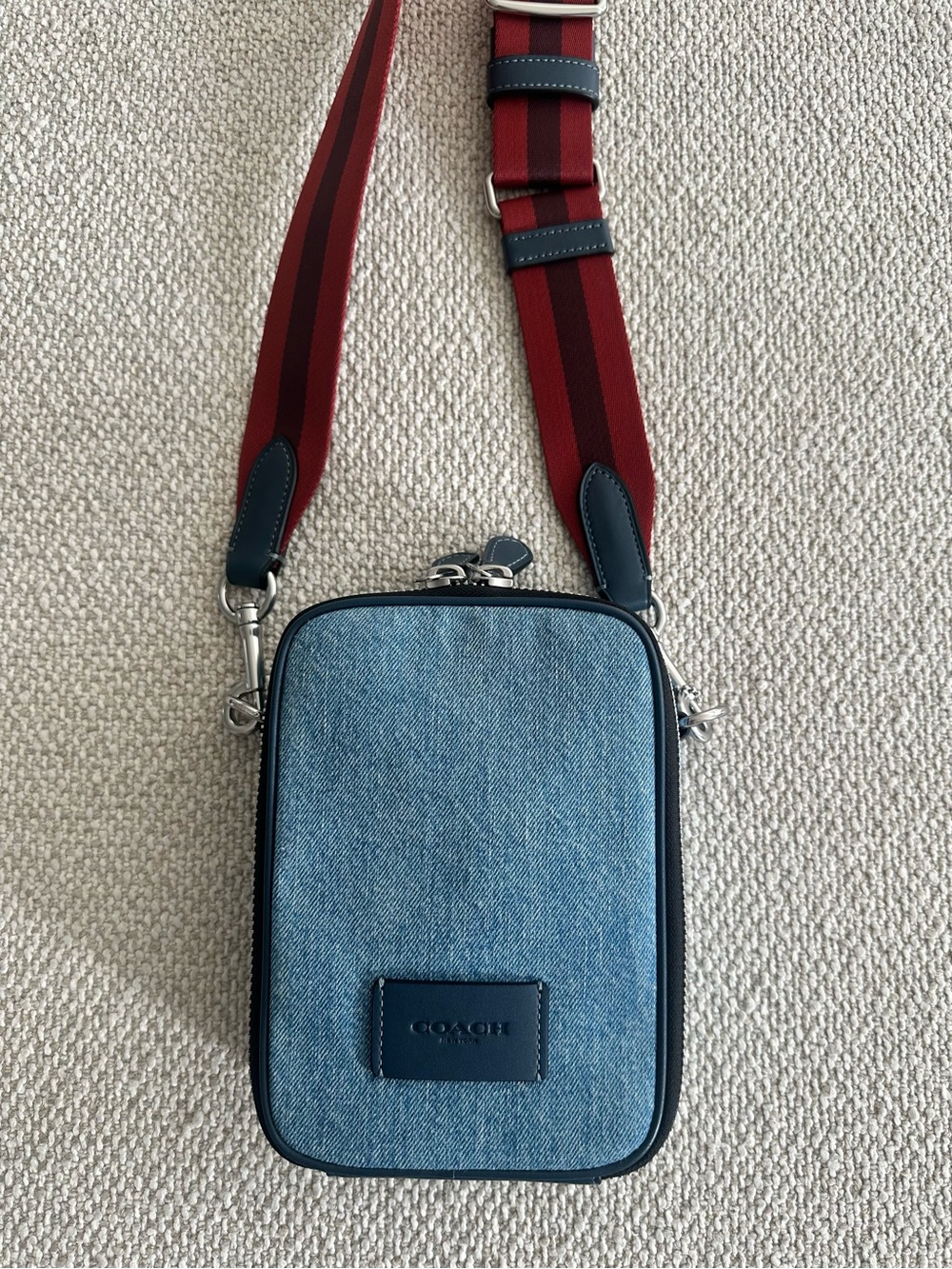 Coach Denim Crossbody Messenger with Red Striped Strap
